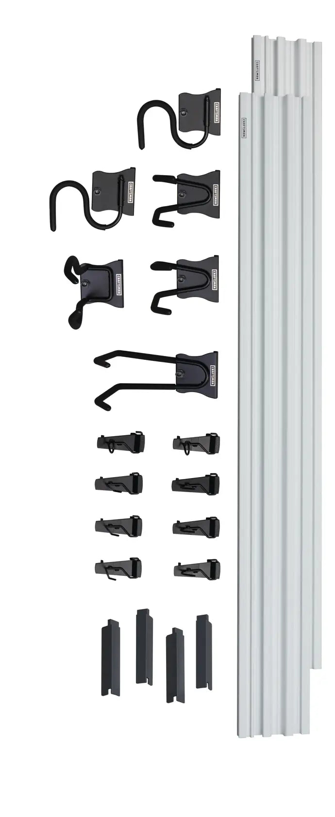 CRAFTSMAN wall organization system kit CMST22000, assorted black hooks and clips with three silver rails, front angle.