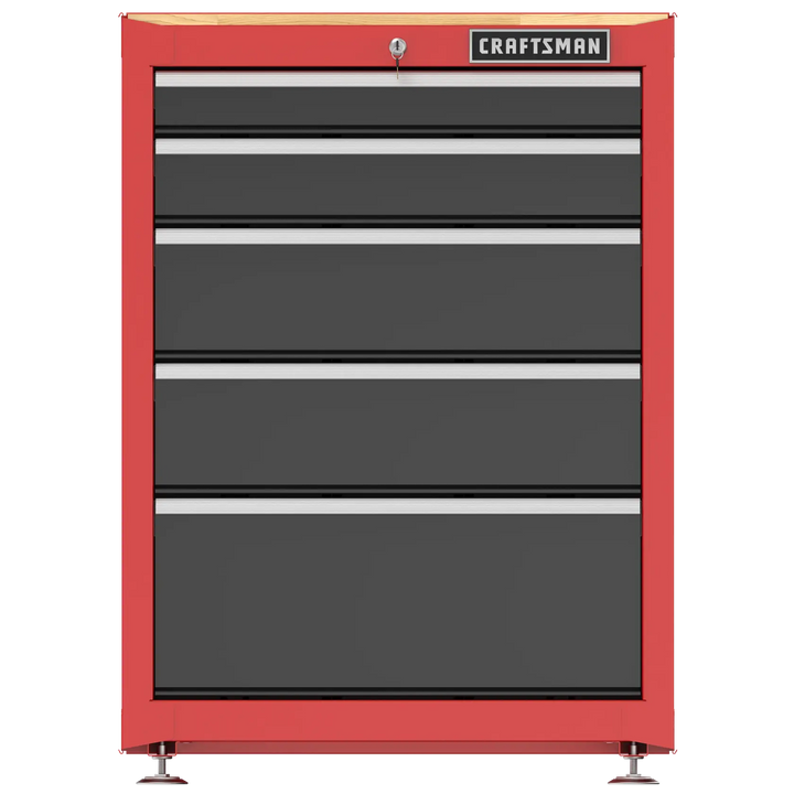 Front angle photo of Craftsman red tool chest with five drawers, wood top, CMST22602RB.