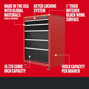 Craftsman red tool chest CMST22602RB with five drawers, butcher block top, front angle on white background.