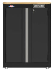 Front view of Craftsman CMST22603BK black metal storage cabinet with wood top and lockable doors.