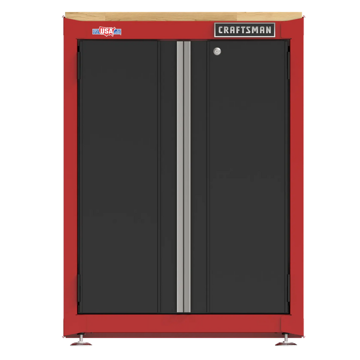 Front view photo of Craftsman cabinet CMST22603RB, red frame, black doors, silver handles, wood top.