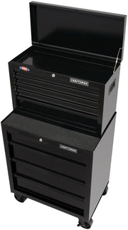 Craftsman black tool chest with drawers, open top lid, on wheels, SKU CMST22654BK, front angle photo.