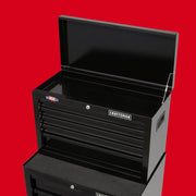 Craftsman black tool chest CMST22654BK with open lid and multiple drawers, front angle, red background.