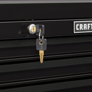 Photo of CRAFTSMAN CMST22654BK graphics with lock and keys on black tool chest, front angle.