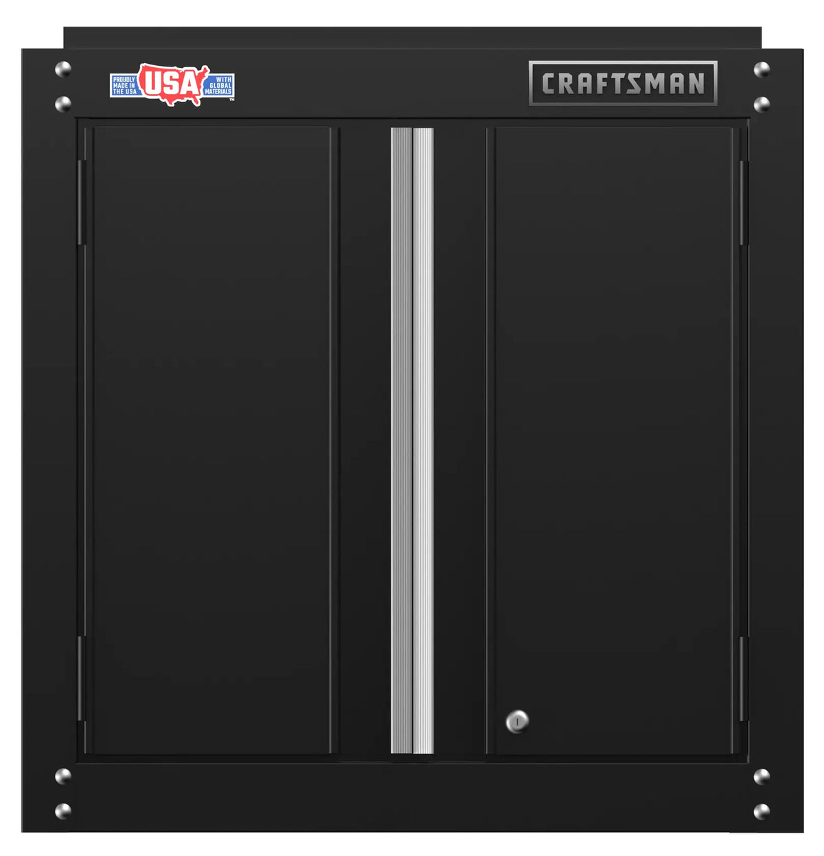 Black metal wall cabinet with two doors, vertical silver handle in the center, and labels reading 'USA' and 'Craftsman' on the top edge.