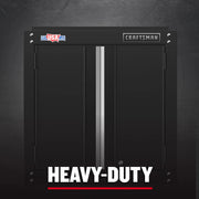 Front angle photo of Craftsman black steel wall cabinet CMST22800BK with dual doors and logo badges.