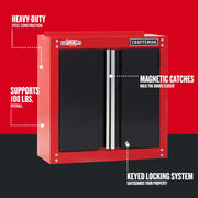 A red and black steel cabinet with the CRAFTSMAN logo, shown against a red background. Features highlighted include heavy-duty steel construction, ability to support 100 lbs overall, magnetic catches to hold the doors closed, and a keyed locking system for security.