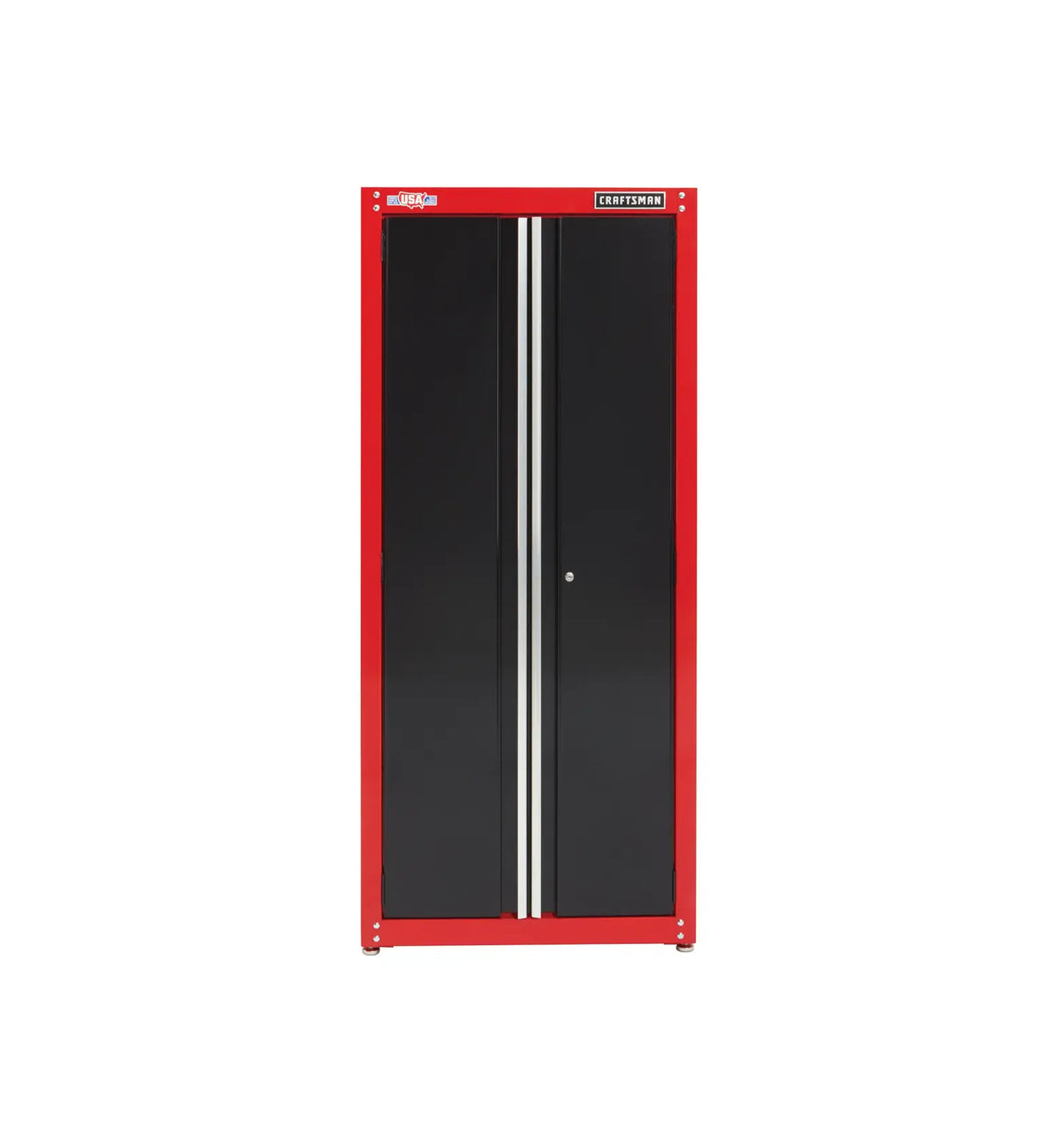 Front view of Craftsman tall storage cabinet with red frame, black double doors, and model CMST23201RB.