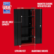 Photo of Craftsman storage cabinet CMST23201RB with black doors, adjustable shelves, leveling feet, and keyed lock, front angle.