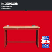 Photo of Craftsman wood top workbench CMST27200R, red frame, front angle, includes workbench frame and top.