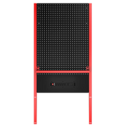 A vertical black pegboard framed with red metal, featuring an integrated power strip near the bottom. The perforated pegboard allows for customizable tool and accessory organization.