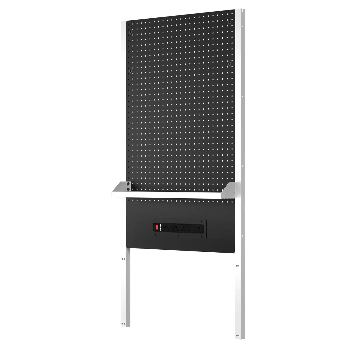 CRAFTSMAN CMST32600WB workstation pegboard with a black metal panel, white support frame, integrated power strip, and small shelf for storage.