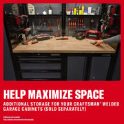 CRAFTSMAN garage cabinets and tools. SKUs: 0-29-808, CMST32600RB, CMST32600BG, CMST32600WB. Storage workspace.