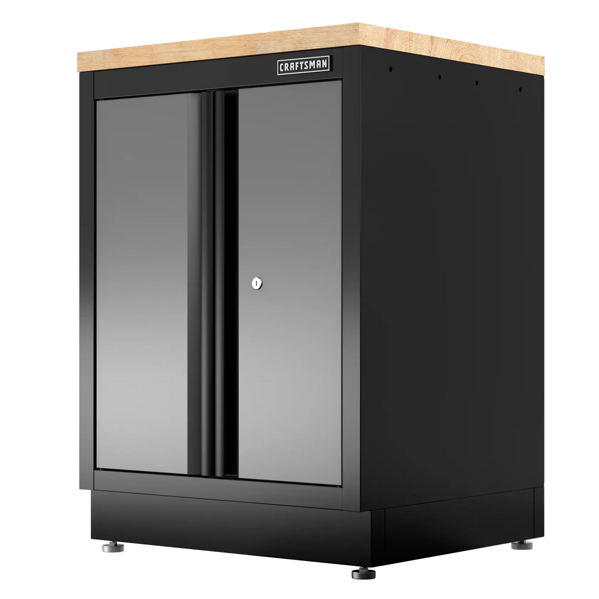 Black metal cabinet with wood top and locking doors, CRAFTSMAN brand, for garage or workshop storage.