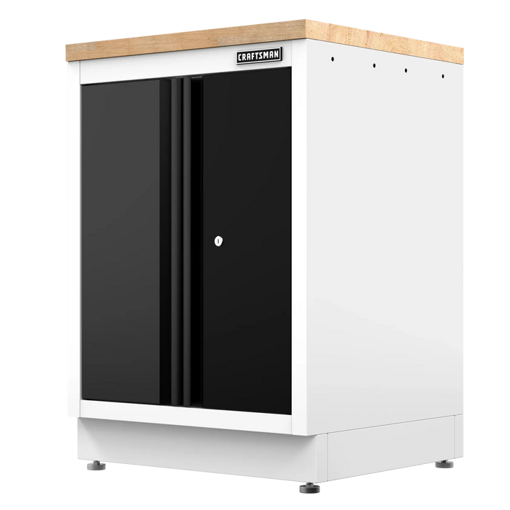 White and black storage cabinet with wooden top and lockable double doors, CRAFTSMAN brand.