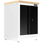 White and black cabinet with wood top and metal legs, CRAFTSMAN logo on the front.