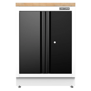 CRAFTSMAN cabinet with two black doors, white frame, and wood top, designed for garage or workshop storage.