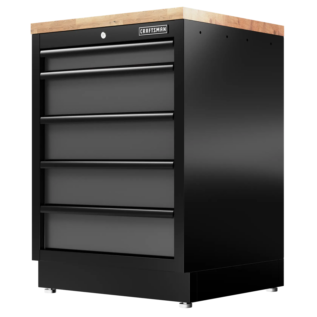 Black metal tool chest with five drawers and wood top, labeled CRAFTSMAN. Ideal for workshop storage.