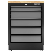 Black Craftsman tool chest with four drawers and wood top, shown from the front.