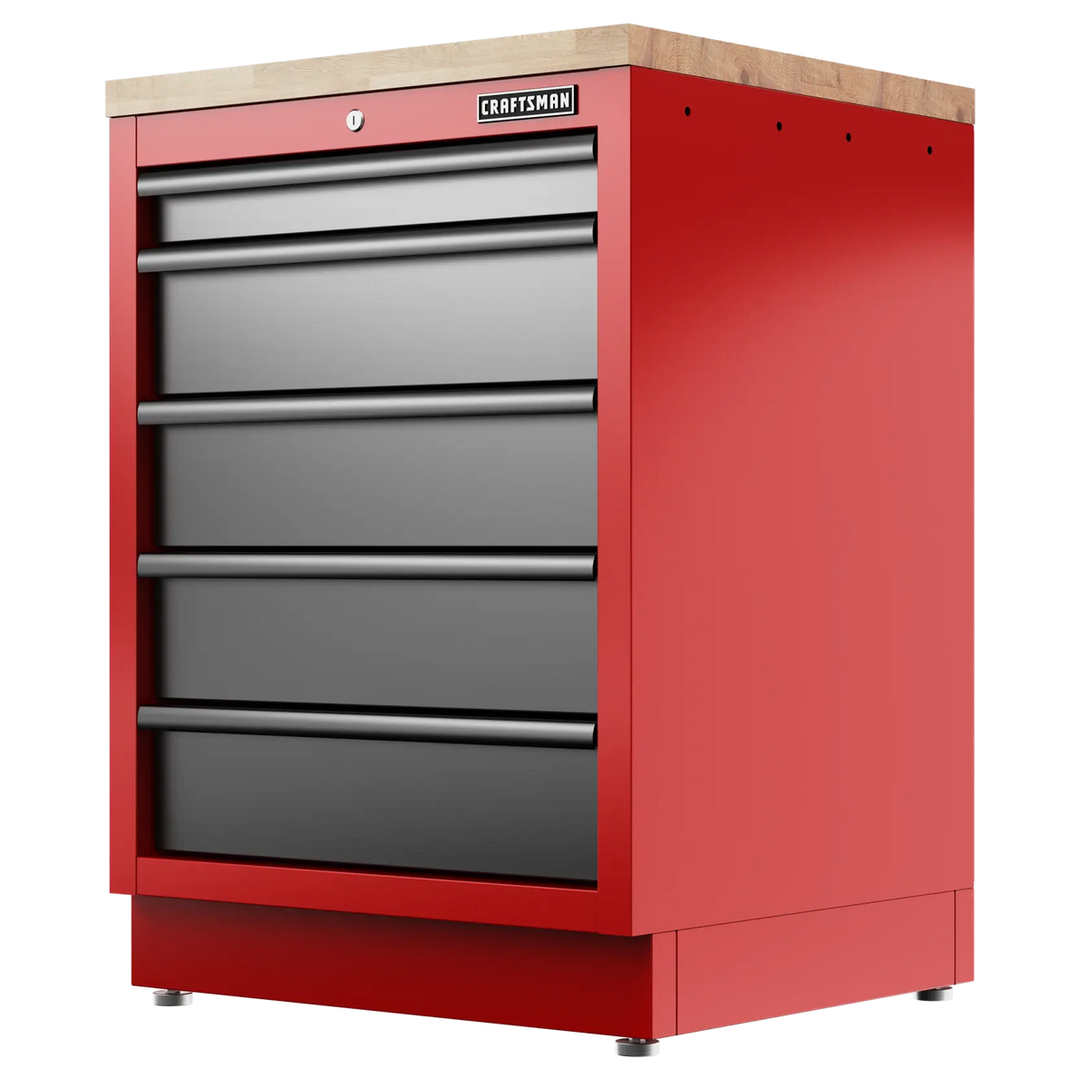 Red metal tool chest with five black drawers and wood top, CRAFTSMAN logo on front.