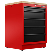 Red Craftsman tool chest with black drawers and a wooden top, suitable for garage or workshop storage.