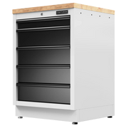 White storage cabinet with four black drawers and wood top, labeled CRAFTSMAN on the front.