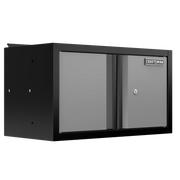 A CRAFTSMAN branded wall-mounted storage cabinet with sliding gray metal doors and a black frame, featuring a lock on the right door.