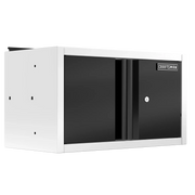 CRAFTSMAN wall-mounted storage cabinet with a white frame and black lockable sliding doors, suitable for organizing tools or equipment.