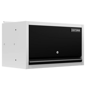 A CRAFTSMAN brand wall-mounted storage cabinet with a black front panel, silver frame, locking mechanism, and handle. The cabinet is rectangular and designed for secure storage.