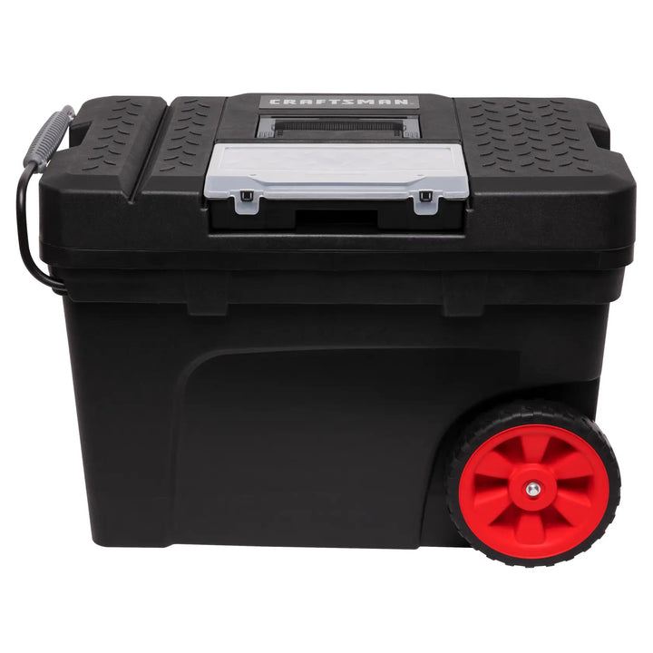 Front angle photo of Craftsman CMST33026 black wheeled tool box with red wheels, textured lid, and gray handle.