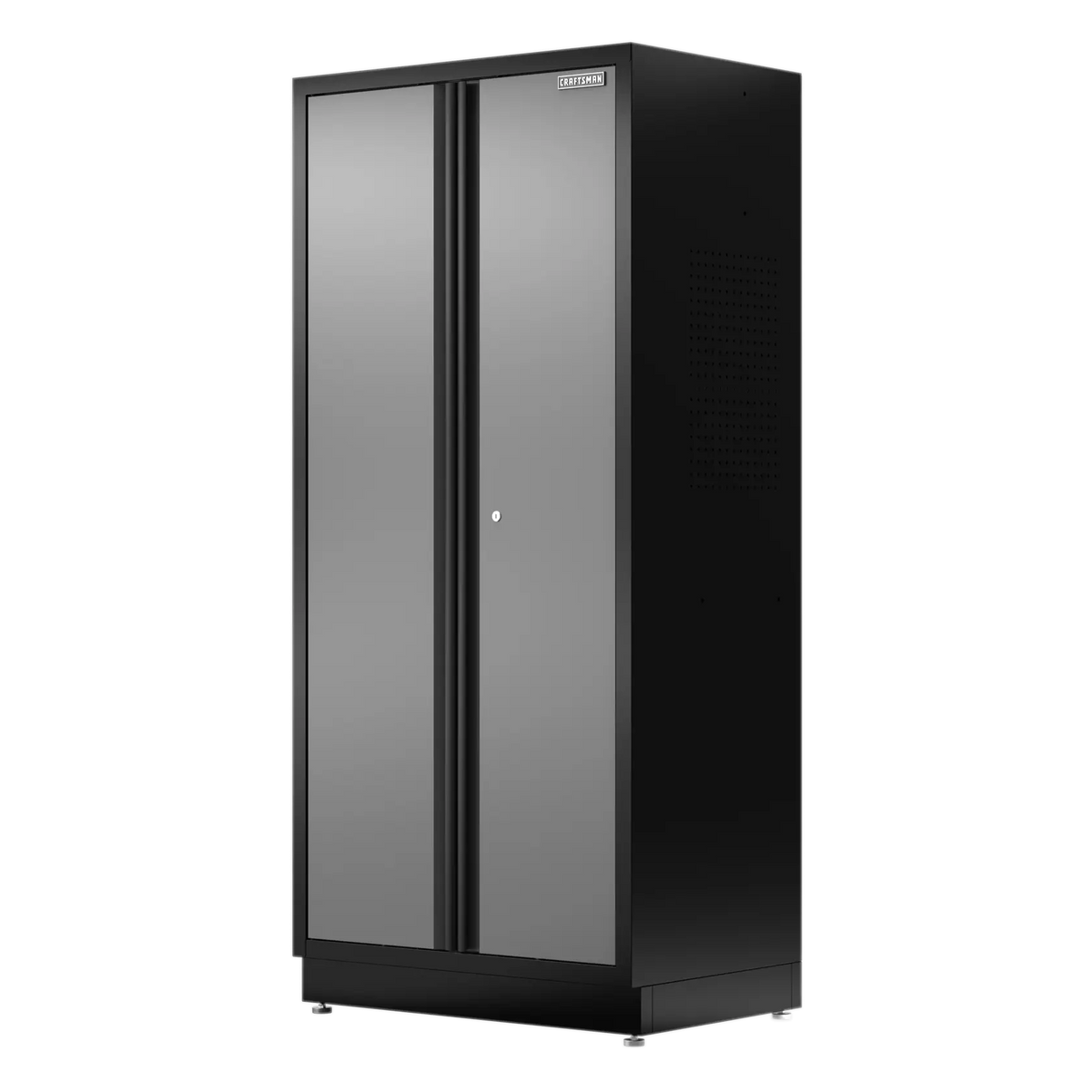 Tall, black metal storage cabinet with two doors and a lock, branded CRAFTSMAN, suitable for garage or workshop organization.