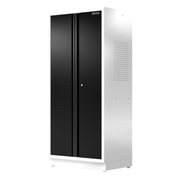 A tall metal storage cabinet with black double doors and white sides, branded CRAFTSMAN. The cabinet has a vented panel on the side and stands on small legs.