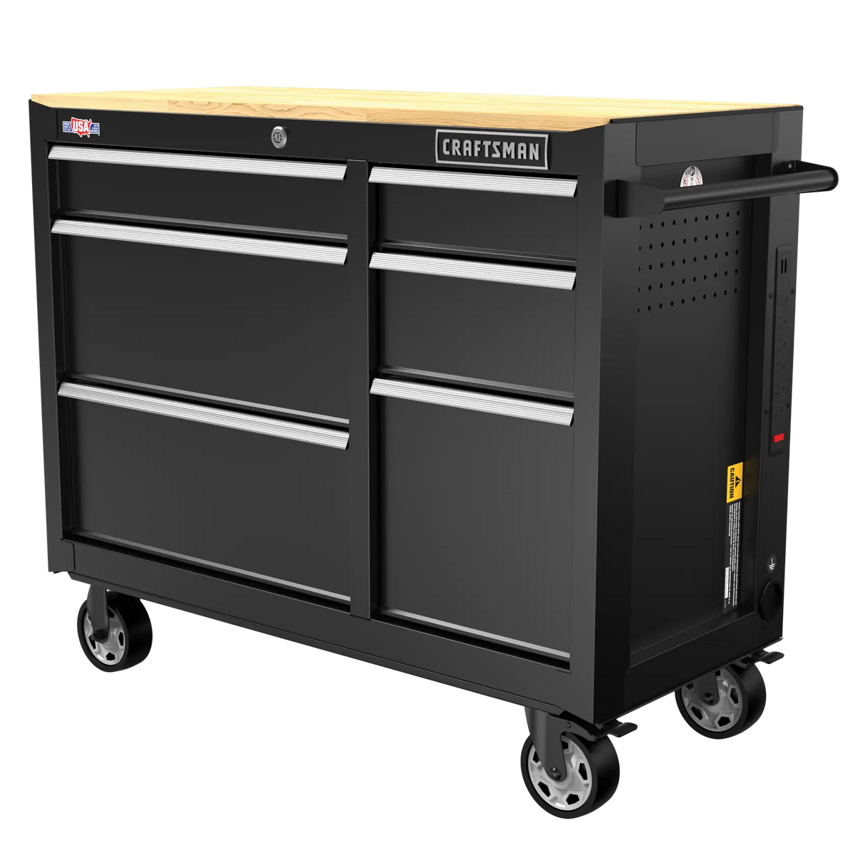 Craftsman rolling tool chest with wood top, black finish, six drawers, CMST34062BK, front angle photo.
