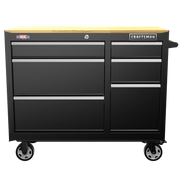 Front angle photo of Craftsman black rolling tool chest with wood top, SKU CMST34062BK.