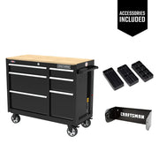Craftsman black rolling tool chest CMST34062BK with wood top and accessories, front angle, white background.
