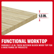 2-inch thick butcher block wood worktop shown, suitable for various projects.
