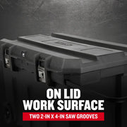 Craftsman black rolling toolbox with lid work surface, two 2-in x 4-in saw grooves, CMST37025, side angle.