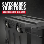 Photo of Craftsman rolling tool chest CMST37025 with locks and keys on black background.