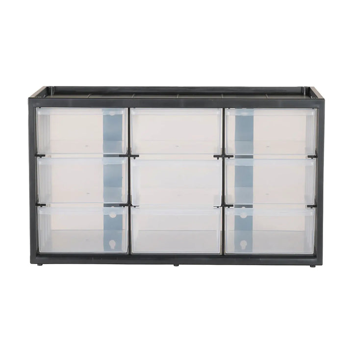 Front view photo of Craftsman CMST40709 black plastic storage cabinet with nine clear drawers.