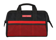 Front angle photo of Craftsman tool bag CMST513100 with black and red fabric, mesh front pocket, and carrying handles.