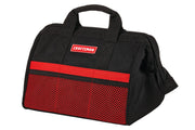 Photo of Craftsman tool bag CMST513100, black and red fabric with mesh front pocket, shown at front angle.