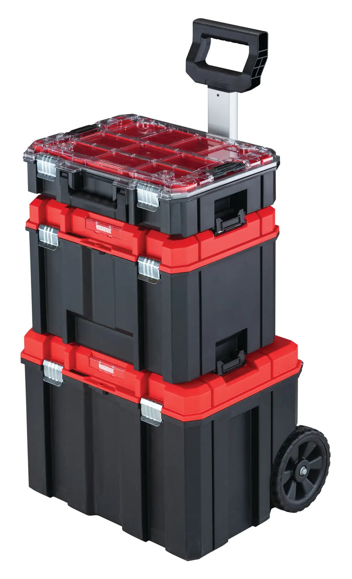 Photo of Craftsman CMST60402 rolling tool box stack, black and red, with telescoping handle, front angle.
