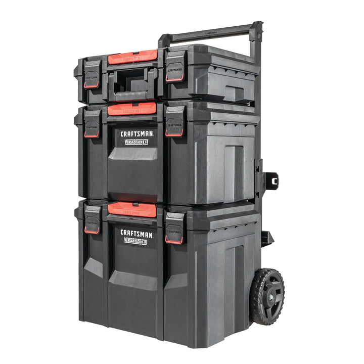Photo of Craftsman CMST21445 rolling tool box tower with three black and red stackable storage boxes, angled view.