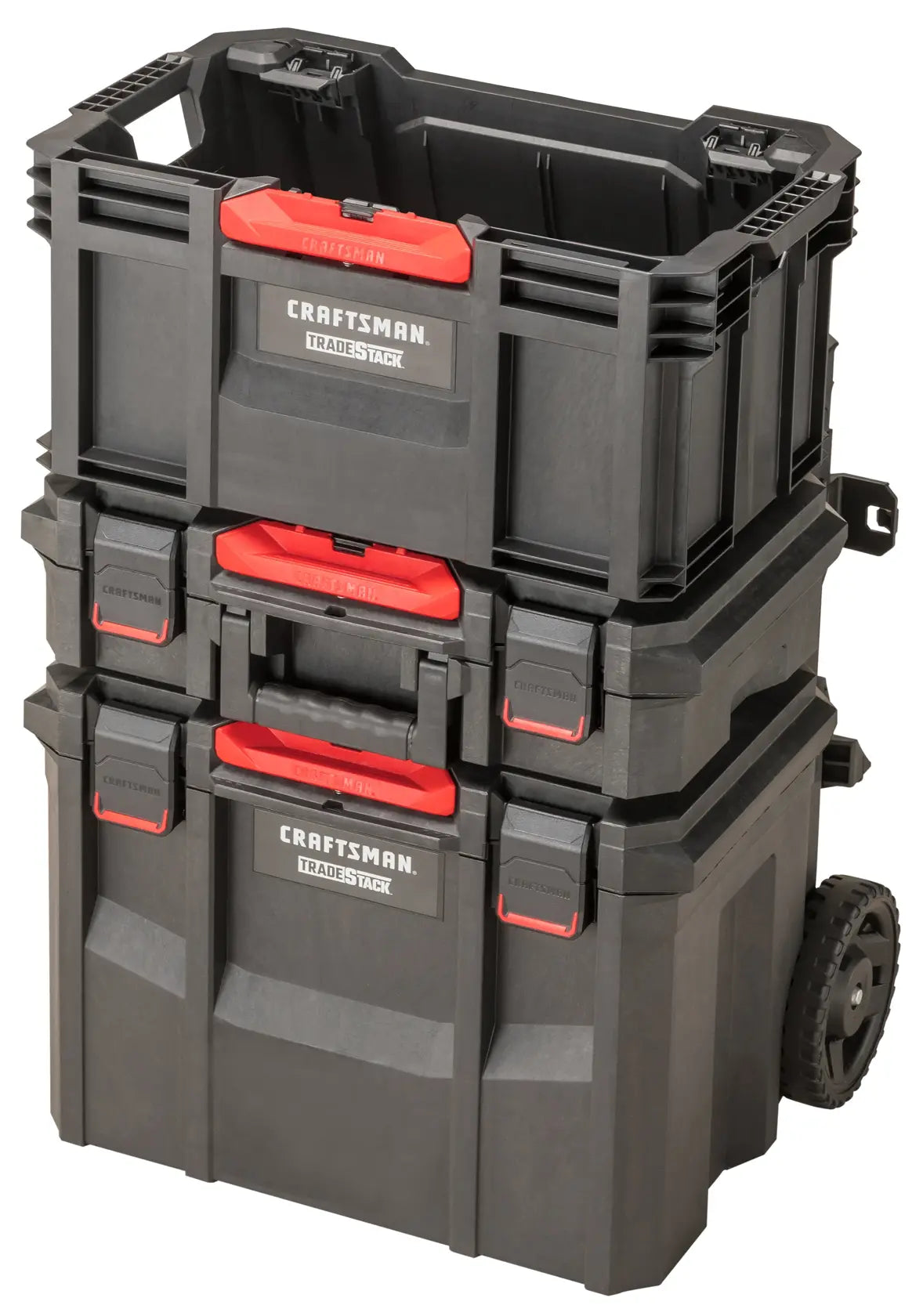 Photo of Craftsman CMST60430 black and red rolling stackable tool box set, three containers with wheels, angled view.