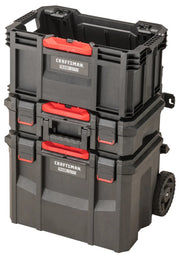 Photo of Craftsman CMST60430 black and red rolling stackable tool box set, three containers with wheels, angled view.