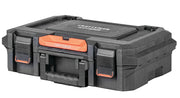 Photo of Craftsman black and red tool box with handle and latches, model CMST60430, front angle.