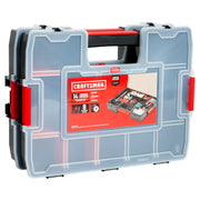 Photo of Craftsman organizer case CMST60944M, translucent plastic with red accents, angled on white background.