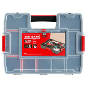 Photo of CRAFTSMAN organizer case CMST60944M with translucent lid and red handles, front view on white background.