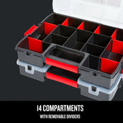 Craftsman graphics storage box CMST60944M with 14 compartments and removable red dividers, angled view.
