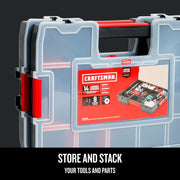Photo of Craftsman tool organizer CMST60944M with clear case and red latch, front angle, graphics shown.